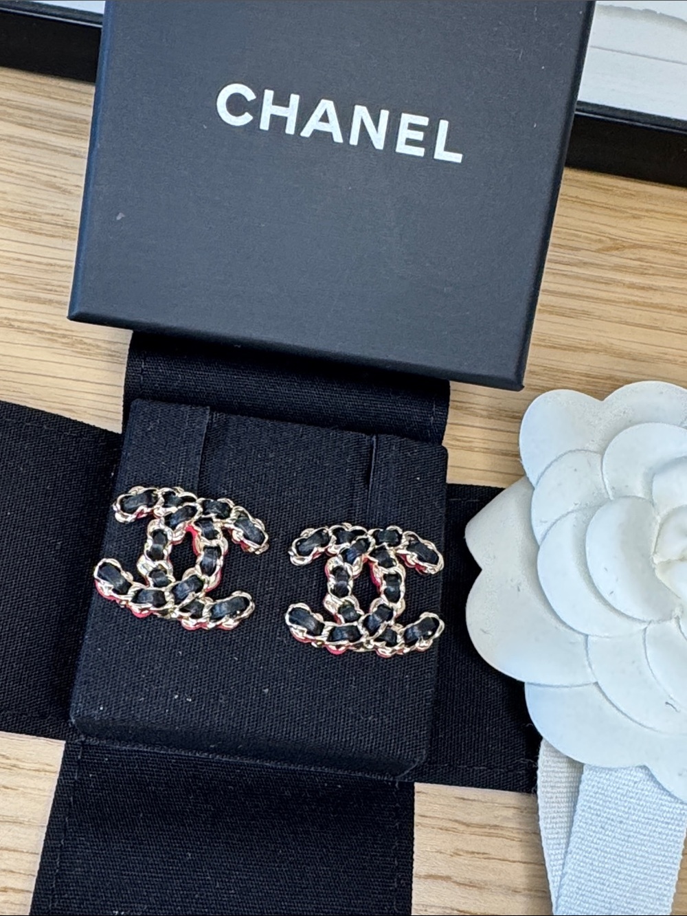 CHANEL 23B Black, Hot Pink & Champagne Interwoven CC Logo Leather Stud Earrings